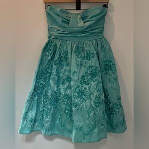 Jodi Kristopher Little Girl Dress Strapless Turquoise Floral Lined Tie Back (1)